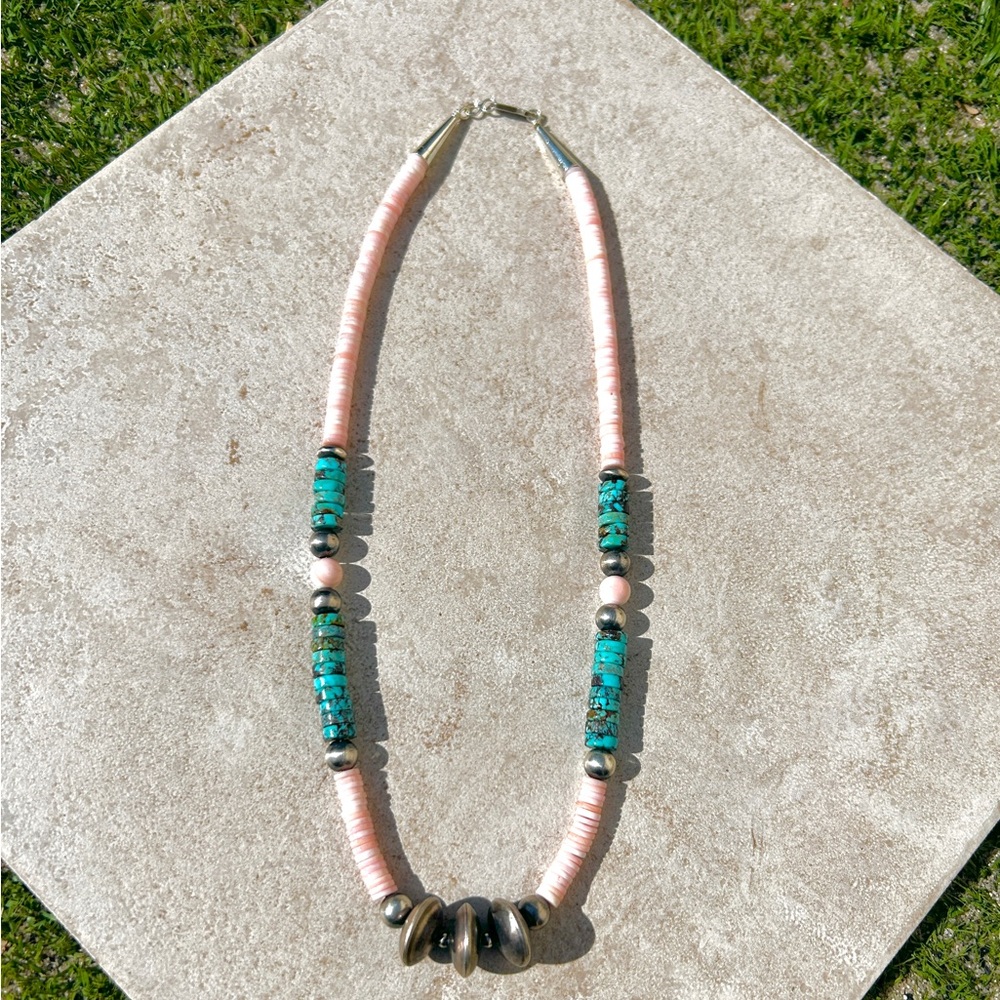 SOLD Pink Conch Shell and Turquoise Sterling Silver Navajo Beaded Necklace